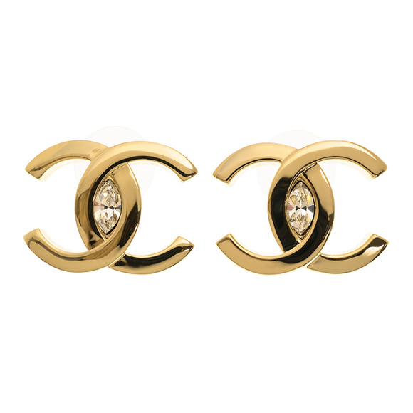 Chanel 23S Gold Crystal Interlocking CC Logo Classic Drop Statement Stud Earring - Picture 1 of 11